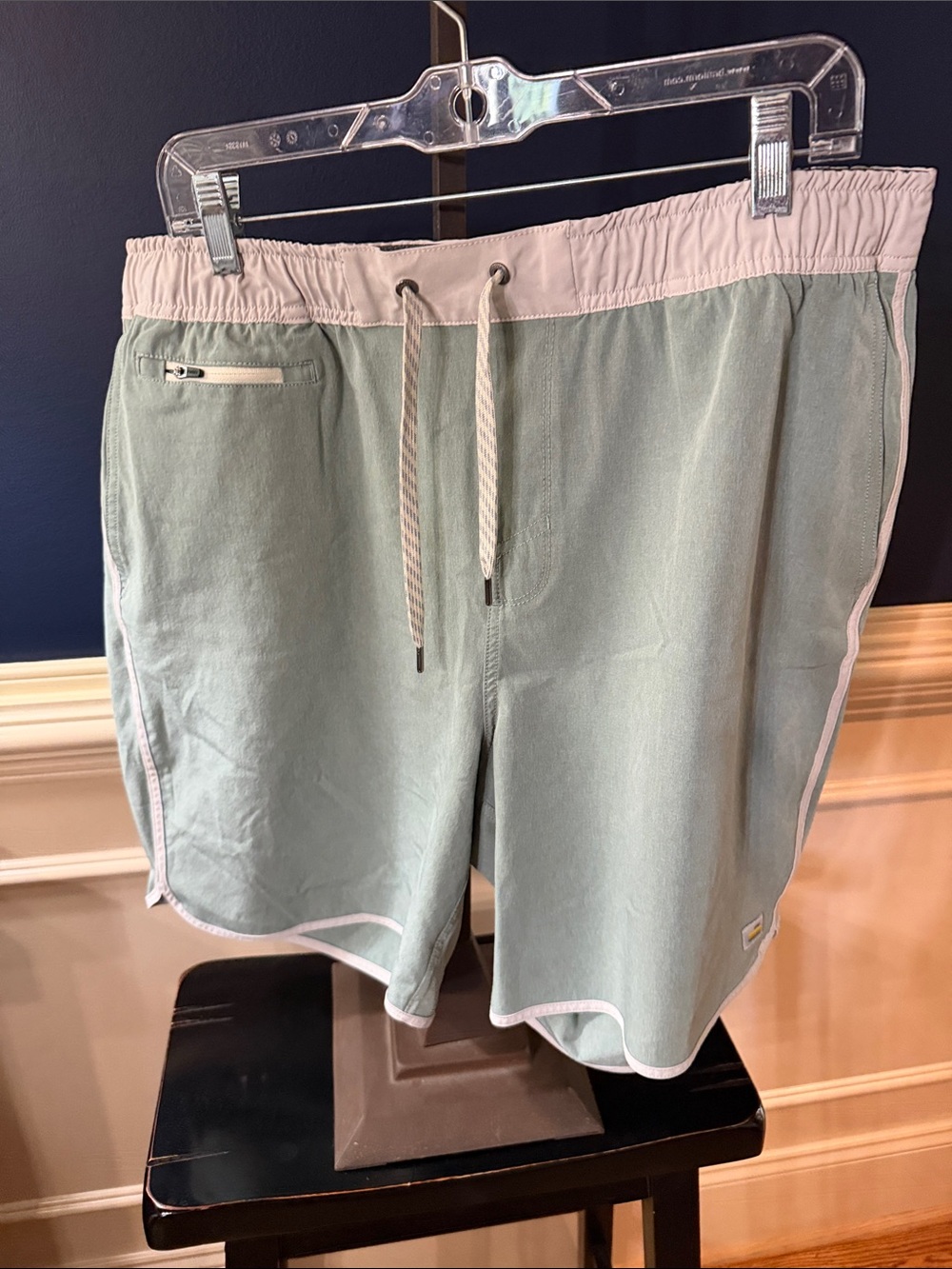 Vuori Men's Light Mint Green Swim Shorts with Pale Pink Waistband